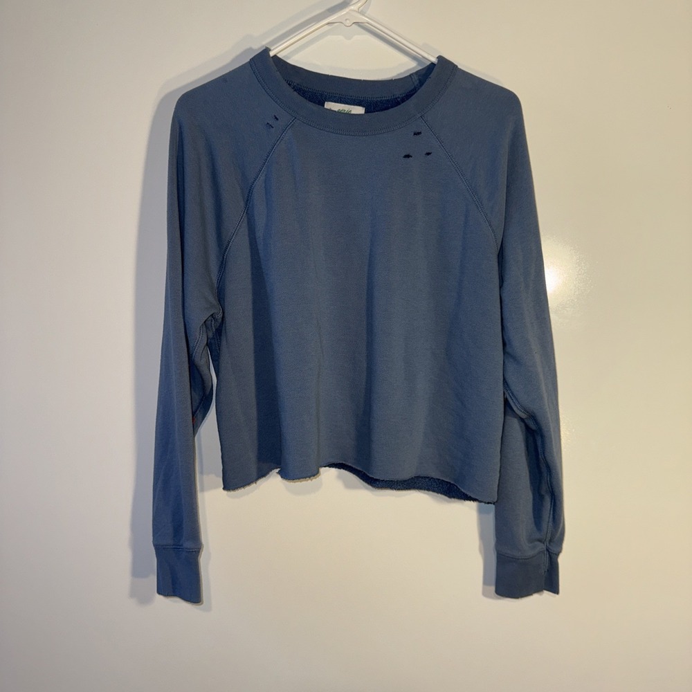 Aerie Womens Distressed Crew Neck Sweatshirt Sz Small Raw Hem Cropped Pullover